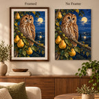 Owl with pears on a moonlit branch: framed and no-frame style comparison