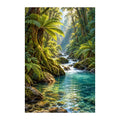 Original artwork of a clear river flowing through a lush Pacific rainforest.