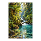 Original artwork of a clear river flowing through a lush Pacific rainforest.