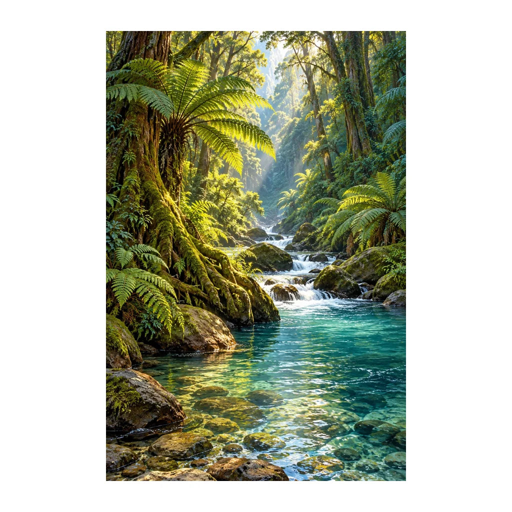 Original artwork of a clear river flowing through a lush Pacific rainforest.