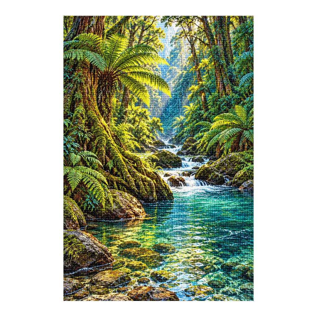 Finished diamond painting of a rainforest river and ferns on a white background.