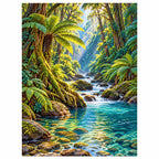 Finished diamond painting of a rainforest river and ferns on a white background.