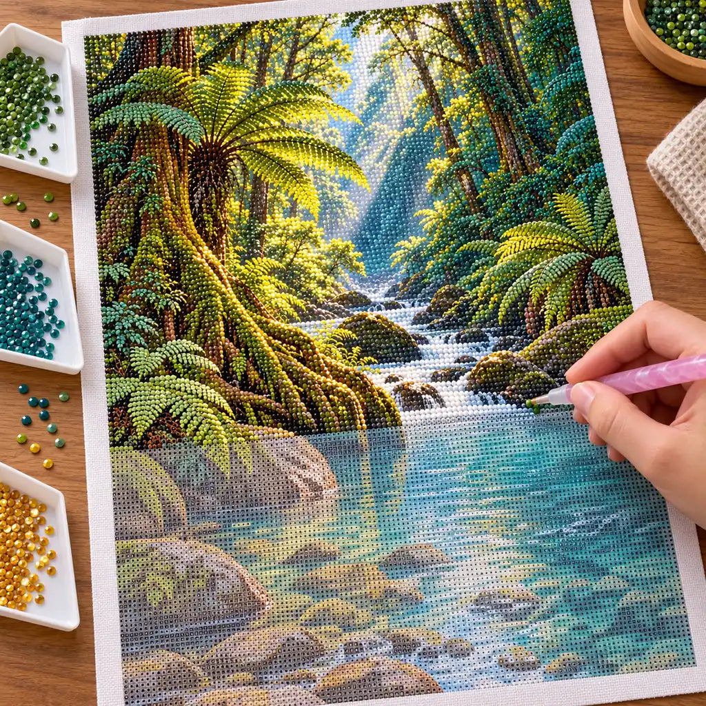 In-progress diamond painting of the Pacific rainforest river landscape.