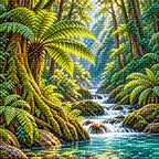 Close-up detail of drills forming rainforest ferns, moss and flowing water.