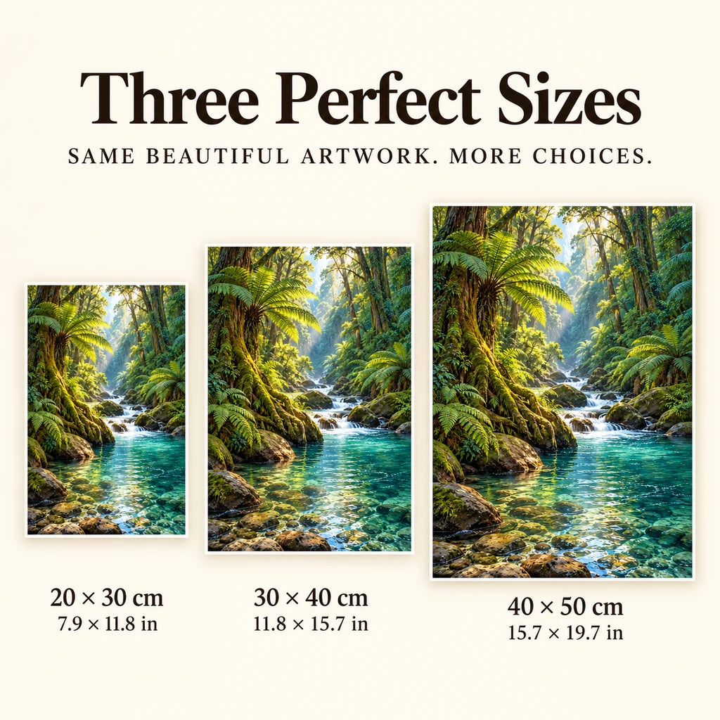 Three available sizes for the Pacific rainforest river design: 20 × 30, 30 × 40 and 40 × 50 cm.