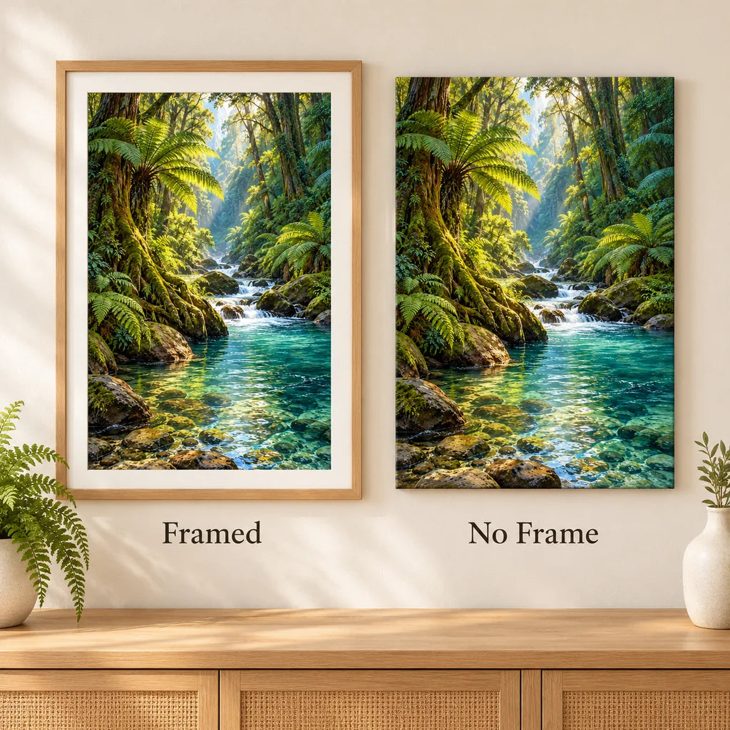 Framed and no-frame comparison for the Pacific rainforest river diamond painting.