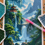 Diamond painting process for Pagoda Above The Falls Diamond Painting Kit