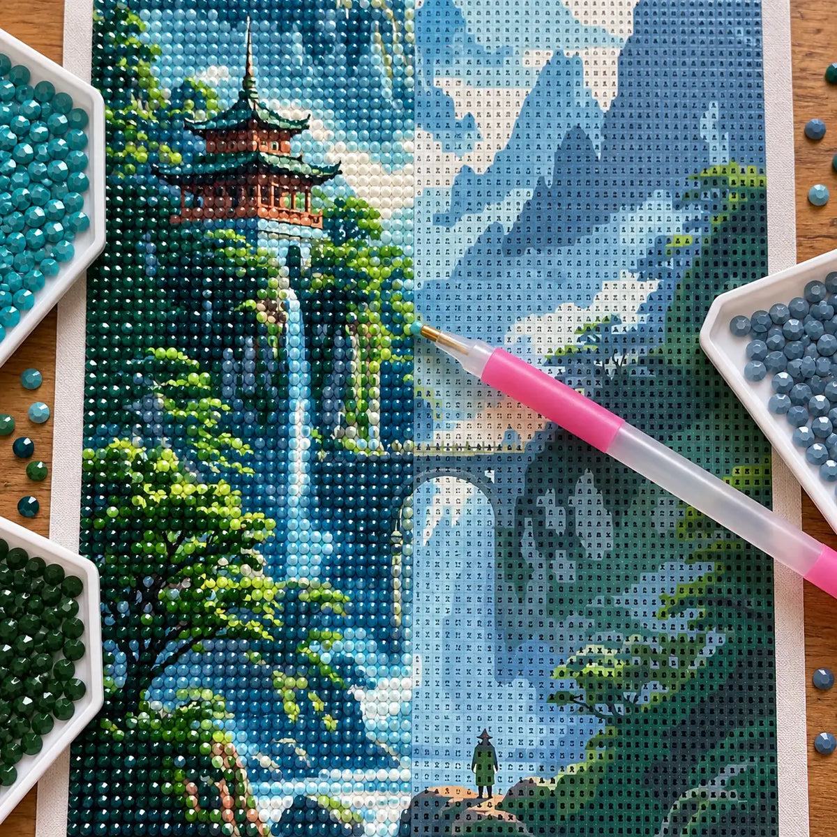 Diamond painting process for Pagoda Above The Falls Diamond Painting Kit