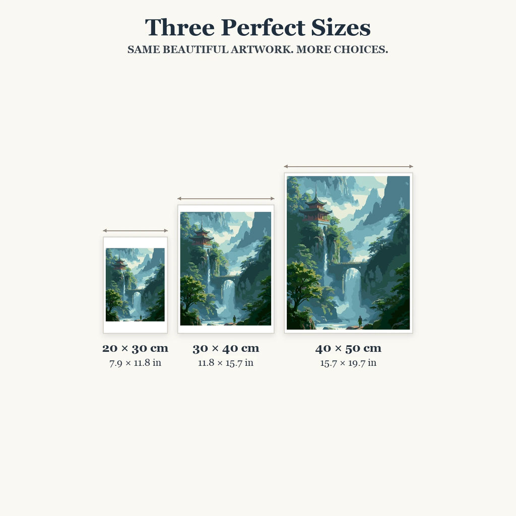 Size guide for Pagoda Above The Falls Diamond Painting Kit
