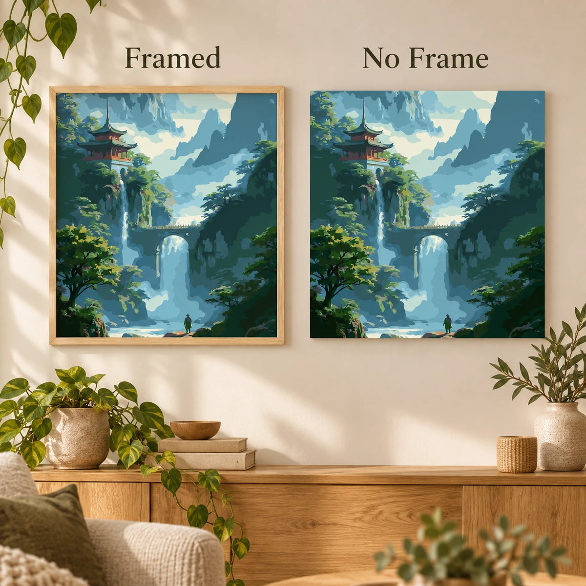 Framed and no-frame comparison for Pagoda Above The Falls Diamond Painting Kit