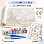 Every paint by numbers kit includes a colored numbered canvas, acrylic paints, three artist brushes, a color card, and hanging accessories