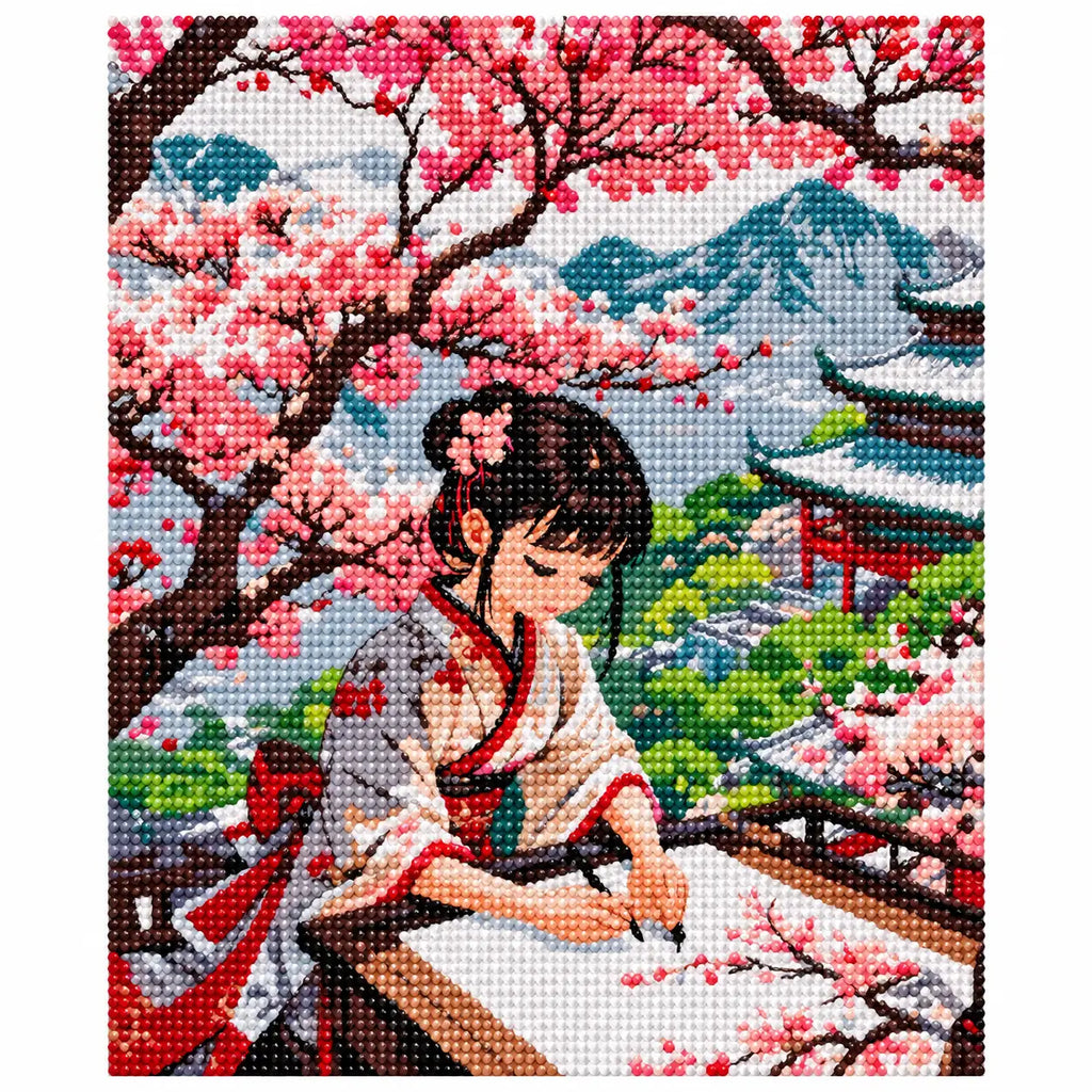 Finished diamond painting for Painter Under Cherry Blossoms Diamond Painting Kit