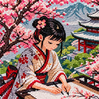 Diamond detail for Painter Under Cherry Blossoms Diamond Painting Kit