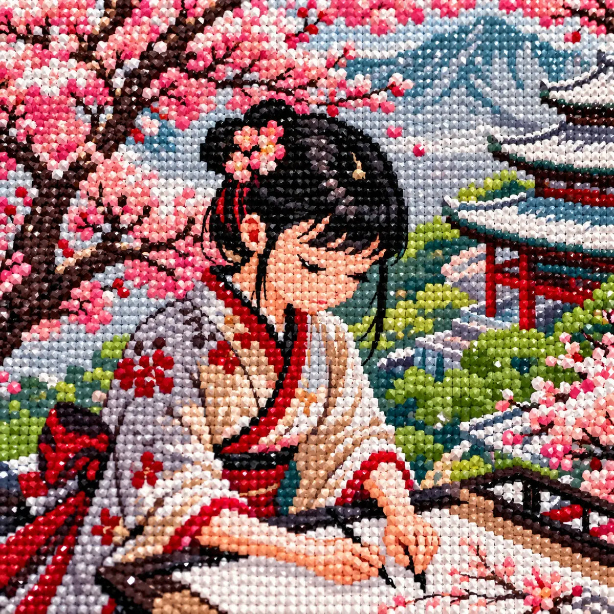 Diamond detail for Painter Under Cherry Blossoms Diamond Painting Kit