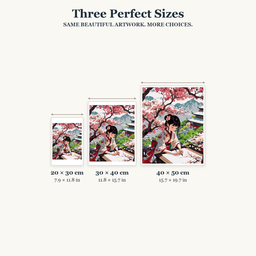 Size guide for Painter Under Cherry Blossoms Diamond Painting Kit