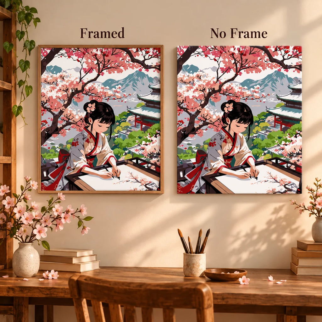 Framed and no-frame comparison for Painter Under Cherry Blossoms Diamond Painting Kit