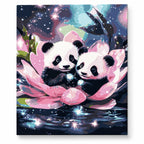 Panda Cubs in a Cosmic Lotus paint by numbers artwork on a front-facing canvas against a white background