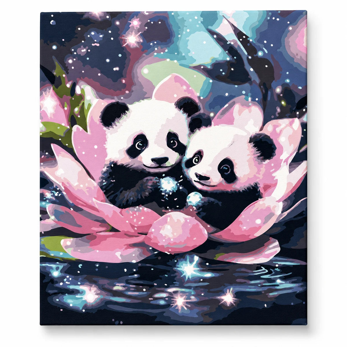 Panda Cubs in a Cosmic Lotus paint by numbers artwork on a front-facing canvas against a white background