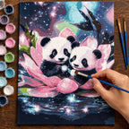 Complete Panda Cubs in a Cosmic Lotus numbered canvas being painted with acrylic paints and brushes