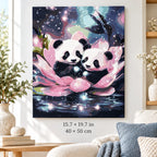 Panda Cubs in a Cosmic Lotus shown in a styled room with 15.7 × 19.7 in and 40 × 50 cm dimensions