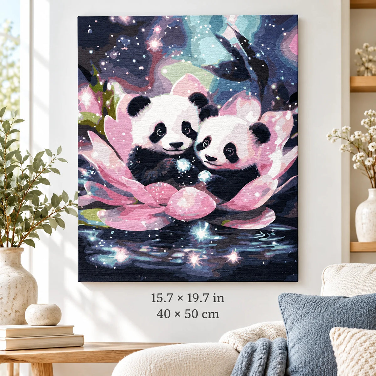 Panda Cubs in a Cosmic Lotus shown in a styled room with 15.7 × 19.7 in and 40 × 50 cm dimensions