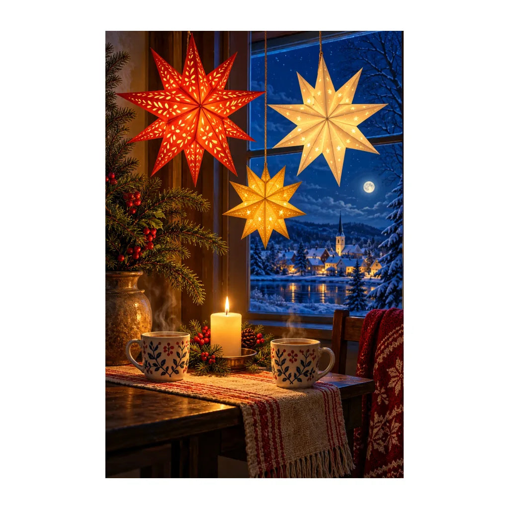 White-background original artwork of paper stars and candle tea