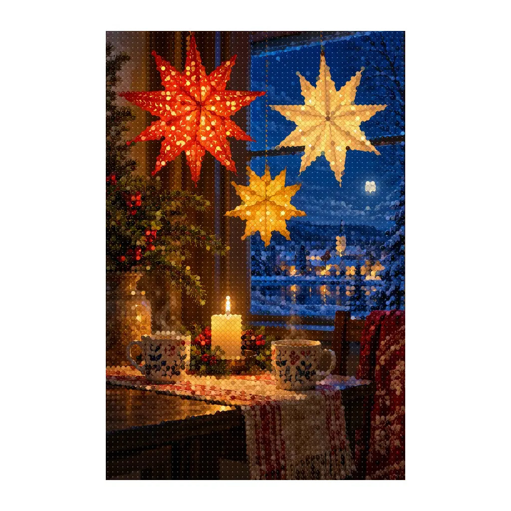 White-background finished diamond painting of paper stars and candle tea