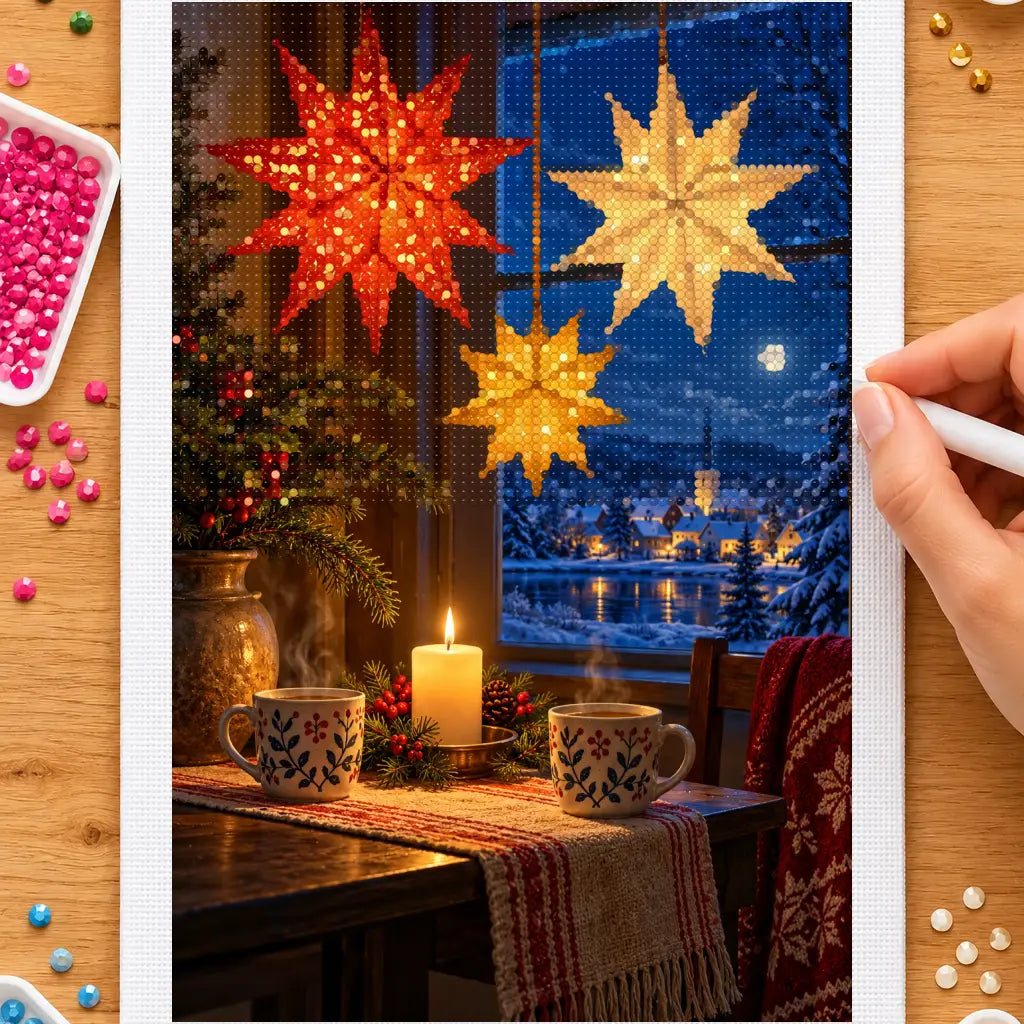 Hands placing drills on the paper stars and candle tea diamond painting canvas
