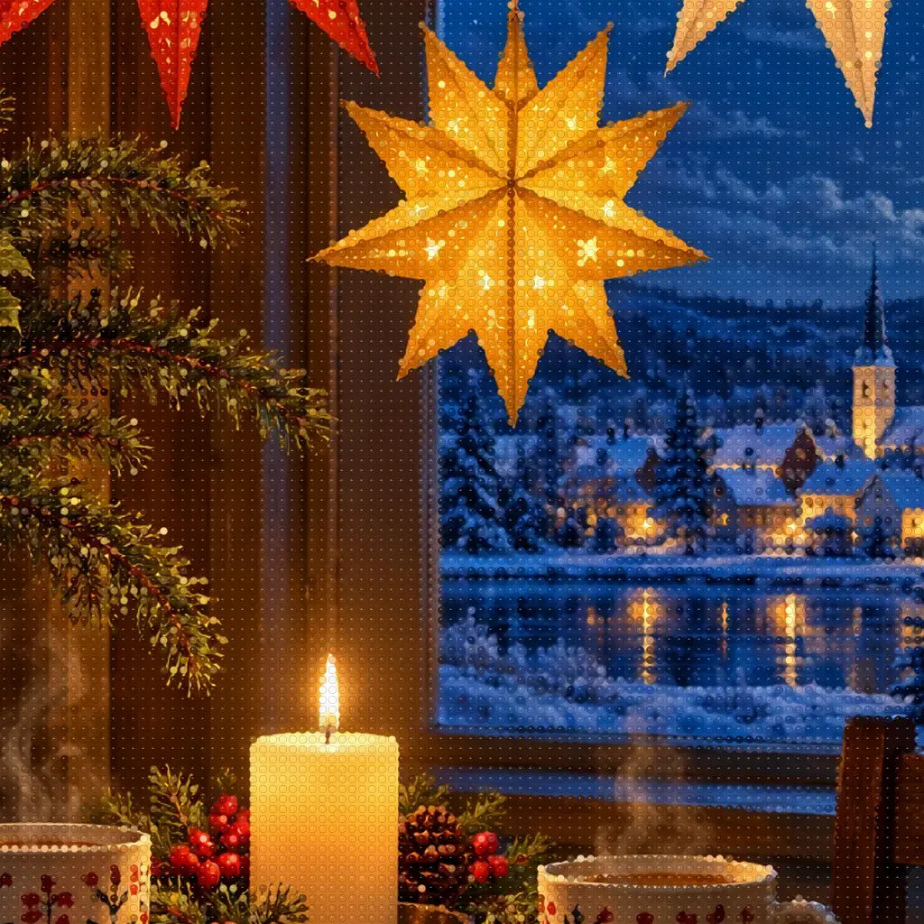 Close-up diamond detail of the paper stars and candle tea diamond painting
