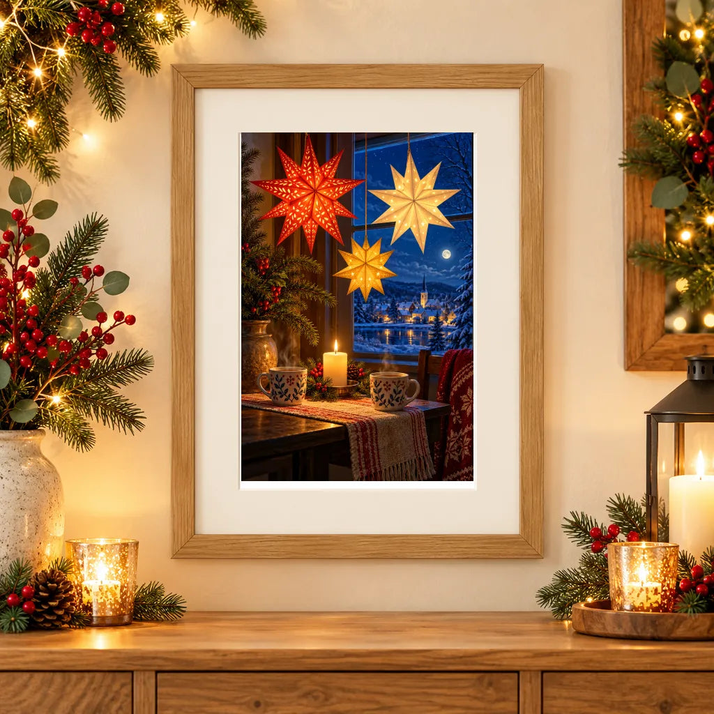 Framed home display of the paper stars and candle tea diamond painting