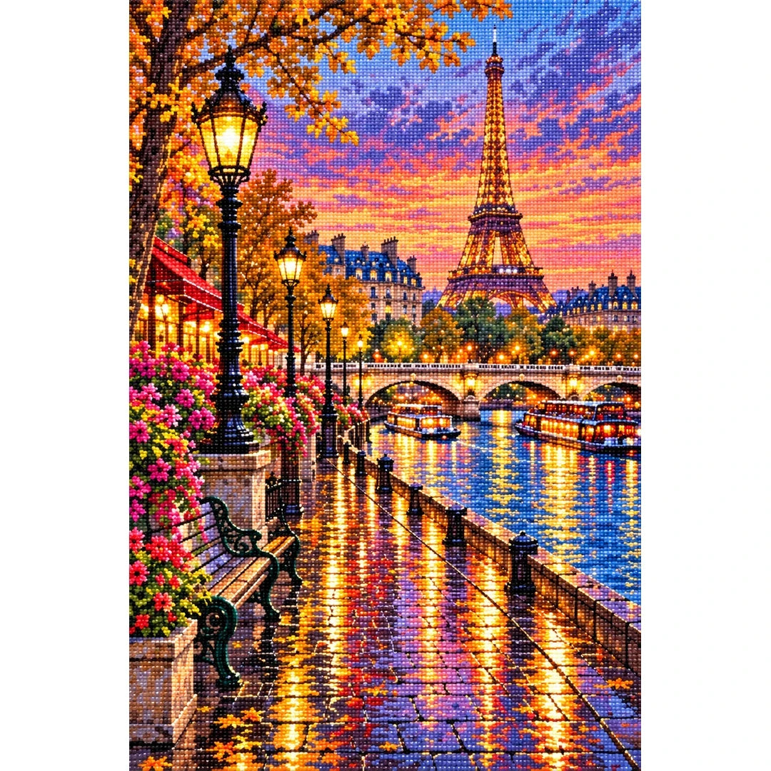 Paris Seine Rainy Evening finished diamond painting on white