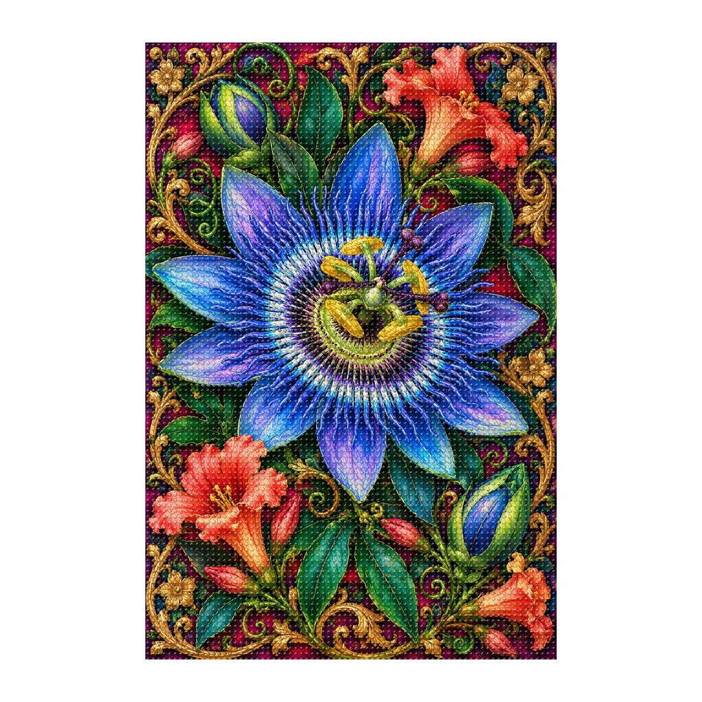 Finished white-background diamond painting of Passionflower Jewel Vine