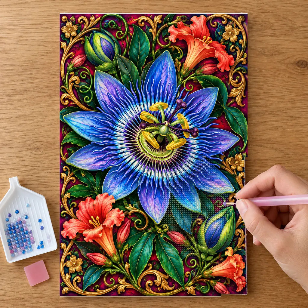 Hands placing drills on the Passionflower Jewel Vine diamond painting canvas