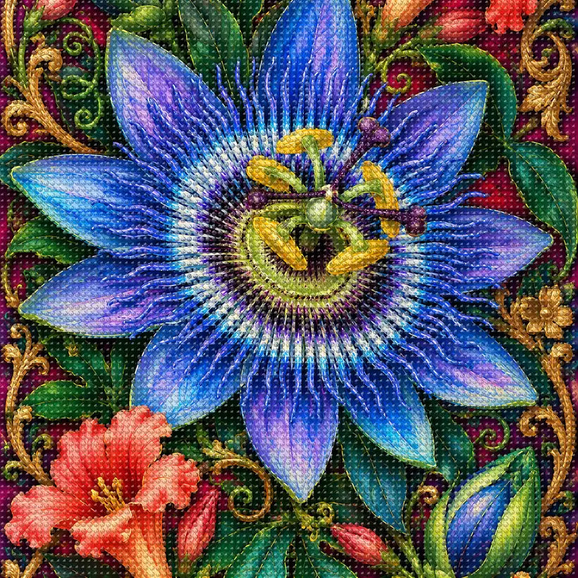 Close-up of sparkling drills on the Passionflower Jewel Vine design