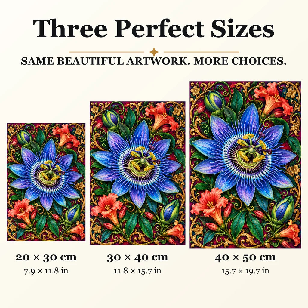 Passionflower Jewel Vine diamond painting in 20 by 30, 30 by 40, and 40 by 50 centimeter sizes