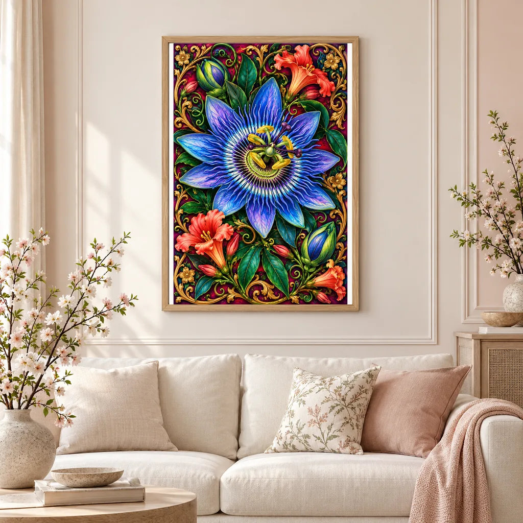 Framed Passionflower Jewel Vine diamond painting displayed in a home interior