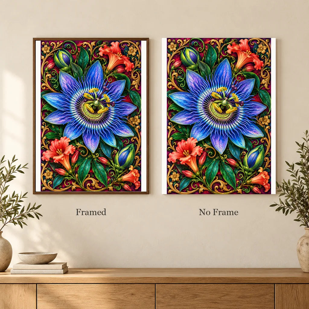 Framed and no-frame options for the Passionflower Jewel Vine diamond painting