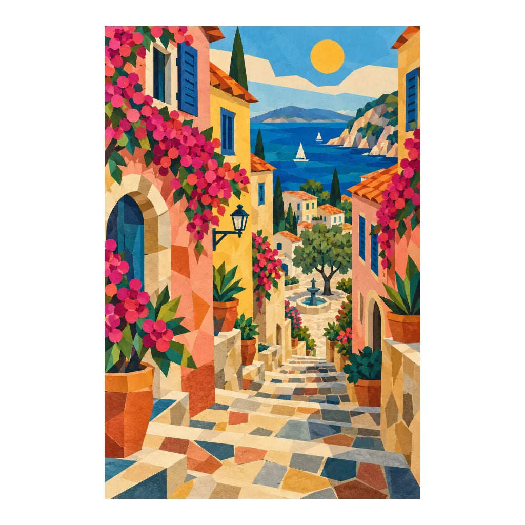 White-background original artwork of a geometric pastel French hillside village with pink flowers, a blue coast, sailboat, and distant mountains for a diamond painting kit