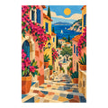 White-background original artwork of a geometric pastel French hillside village with pink flowers, a blue coast, sailboat, and distant mountains for a diamond painting kit