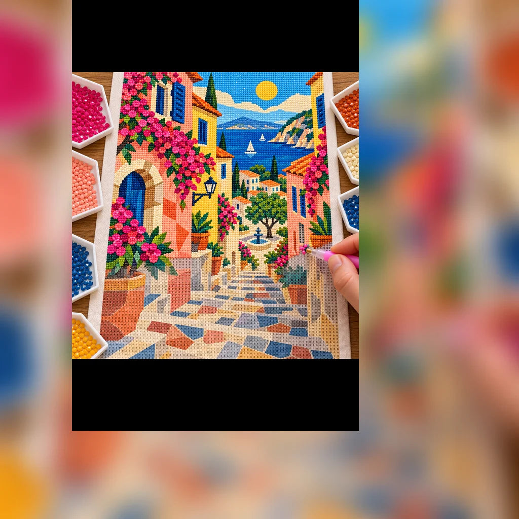 Diamond painting process showing the pastel French hillside village being completed with a stylus