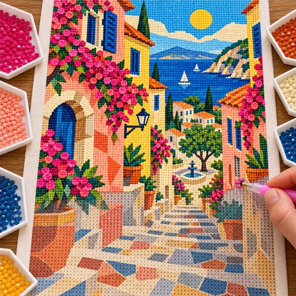 Diamond painting process showing a geometric pastel French hillside village with pink flowers, a blue coast, a sailboat, and distant mountains being completed with a stylus