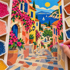 Diamond painting process showing a geometric pastel French hillside village with pink flowers, a blue coast, a sailboat, and distant mountains being completed with a stylus