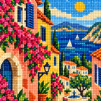 Close-up diamond drill detail of pink flowers, village rooftops, and blue coastal scenery in the artwork