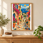 Framed pastel French hillside village diamond painting displayed as home decor
