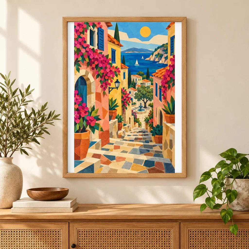 Framed pastel French hillside village diamond painting displayed as home decor
