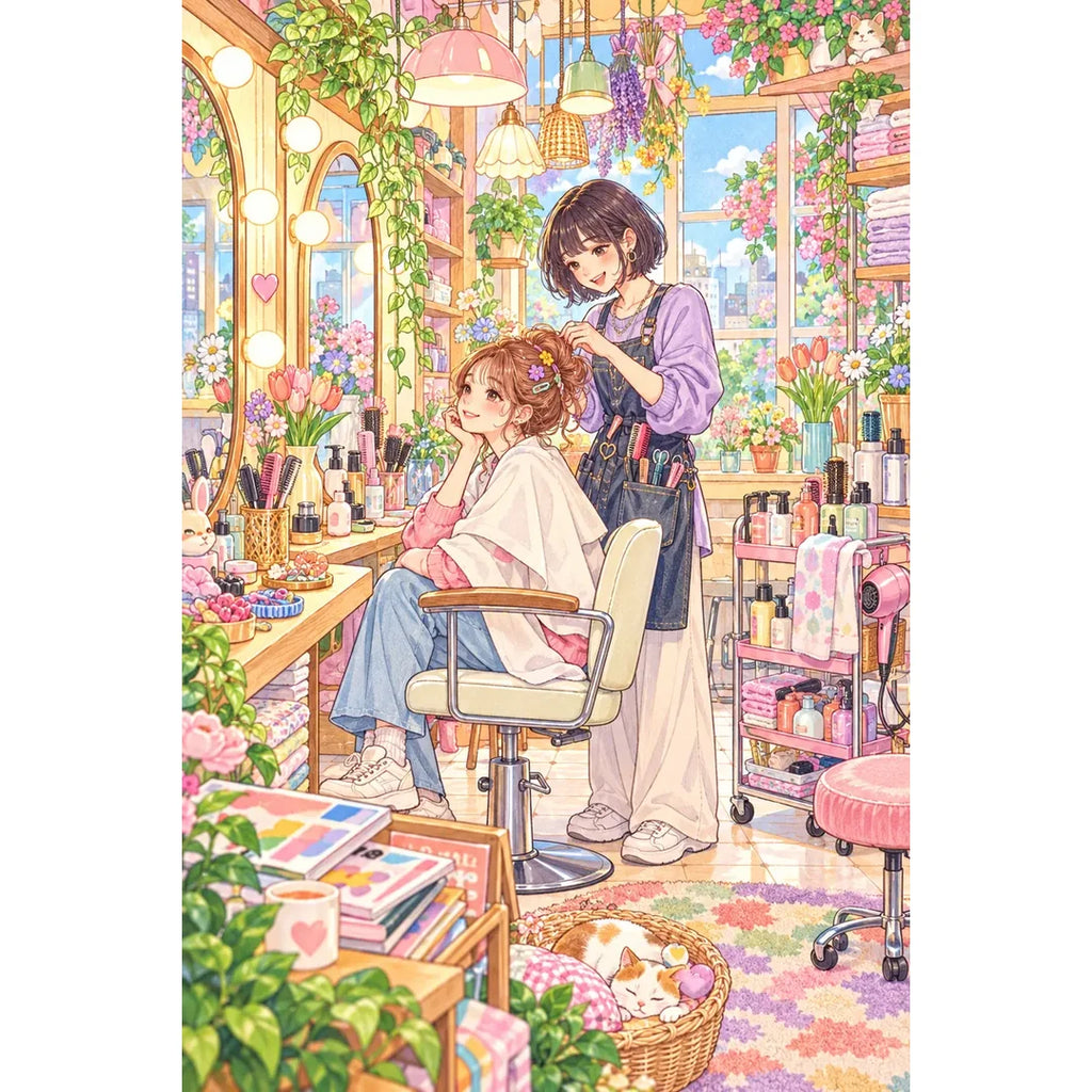 White-background original artwork of a stylist arranging a client's hair in a bright pastel salon for a diamond painting kit