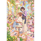 White-background original artwork of a stylist arranging a client's hair in a bright pastel salon for a diamond painting kit