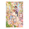 White-background original artwork of a stylist arranging a client's hair in a bright pastel salon for a diamond painting kit