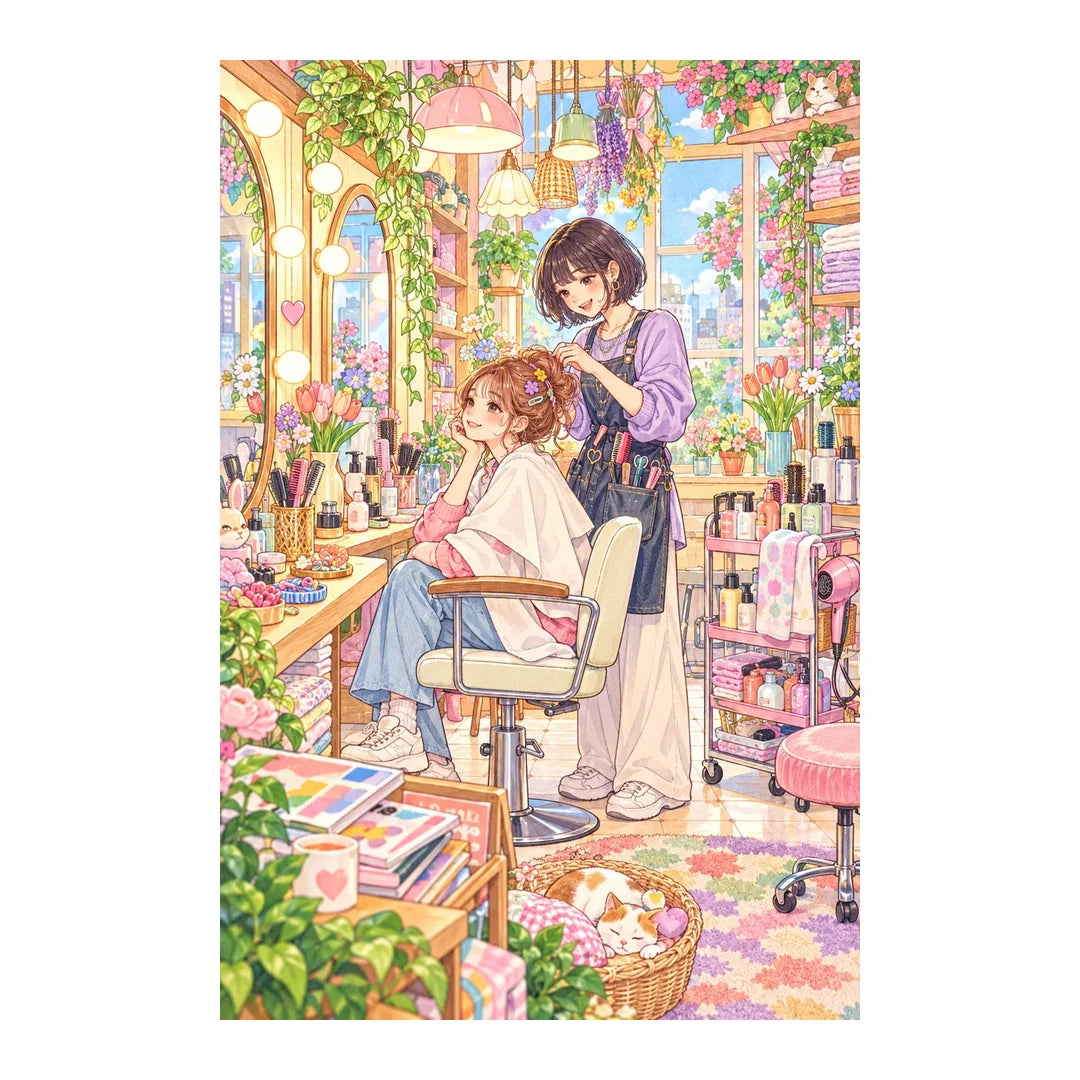 White-background original artwork of a stylist arranging a client's hair in a bright pastel salon for a diamond painting kit