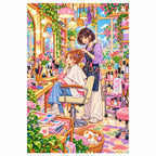 White-background finished diamond painting of a stylist arranging a client's hair in a bright pastel salon with sparkling drills